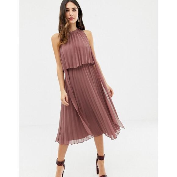 NEW ASOS DESIGN Halter Tie Neck Pleated Dusty Rose Midi Dress – Size 6 - Picture 1 of 8
